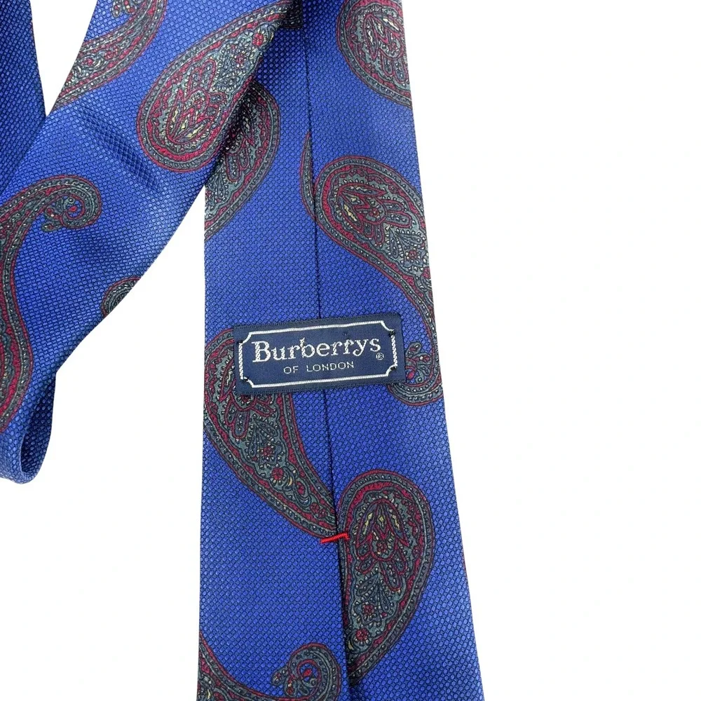 Vintage Burberrys London 100% silk paisley print tie blue maroon red designer‎